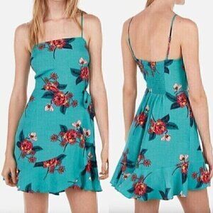 EXPRESS Floral Square Neck Ruffle Wrap Dress Teal Blue Pink Boho Mini Fit Flare